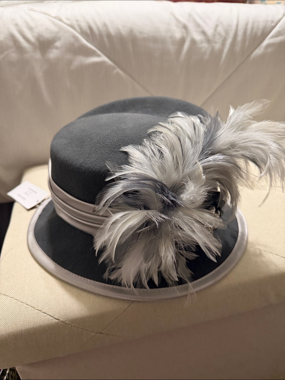 Elegant Feathered Church Hat Cocktail Hat with Rhinestone Accent - Wool Gray NWT